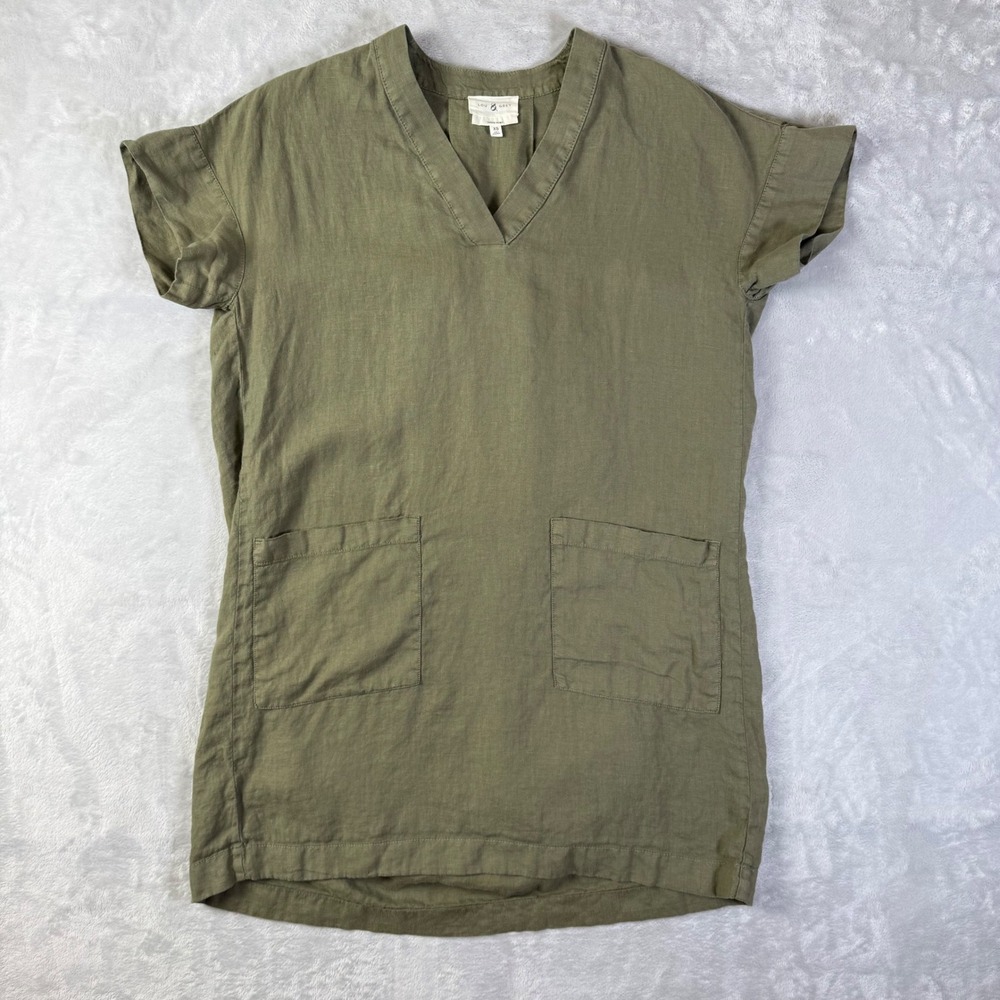 Lou & Grey Olive Green 100% Linen V-Neck Shift Dress with Pockets Womens XS